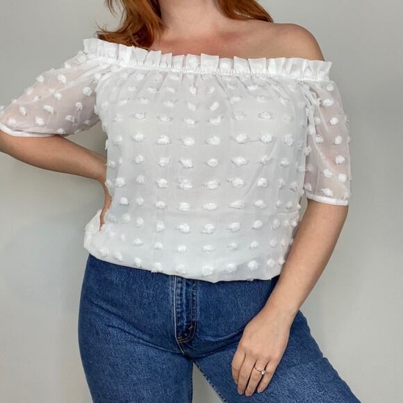Boutique NWOT White Double Layered Textured Polka Dot Off the Shoulder Blouse - Picture 10 of 12